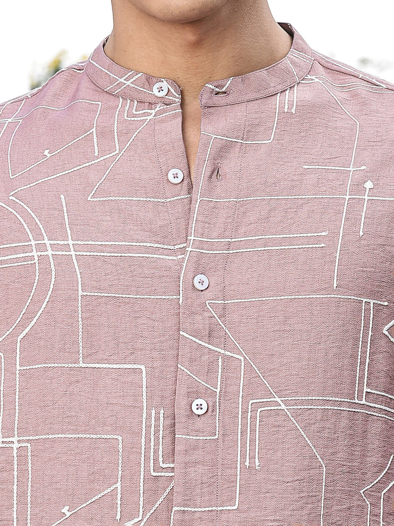 Thomas Scott Men Pink Slim Fit Long Sleeves Mandarin Collar Woven Embroidered Shirt