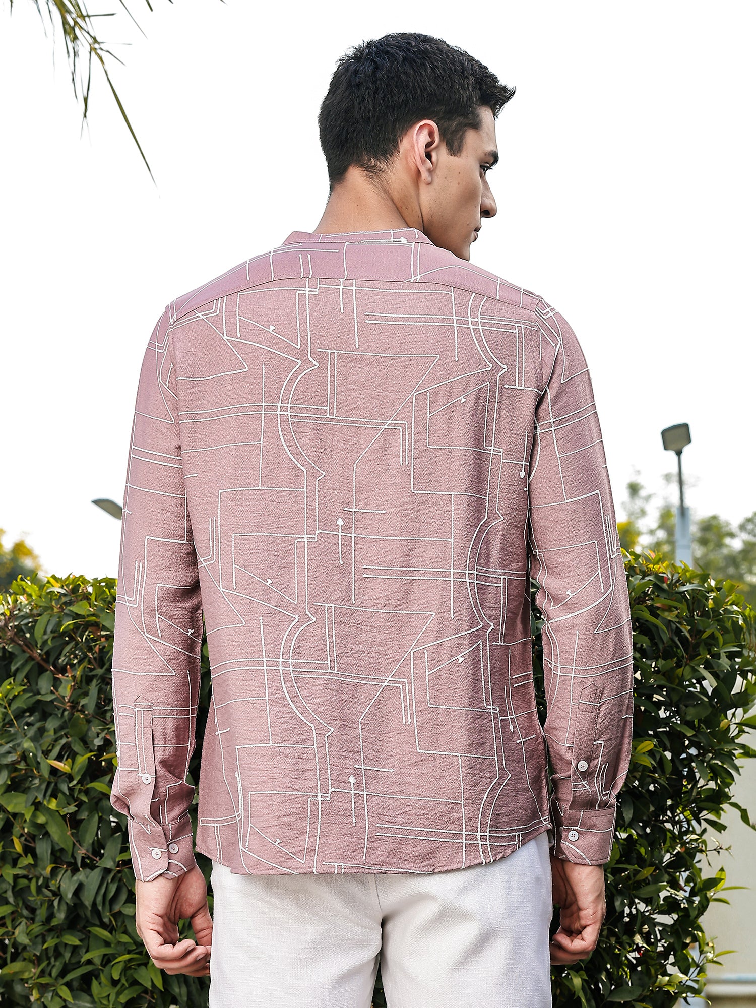 Thomas Scott Men Pink Slim Fit Long Sleeves Mandarin Collar Woven Embroidered Shirt