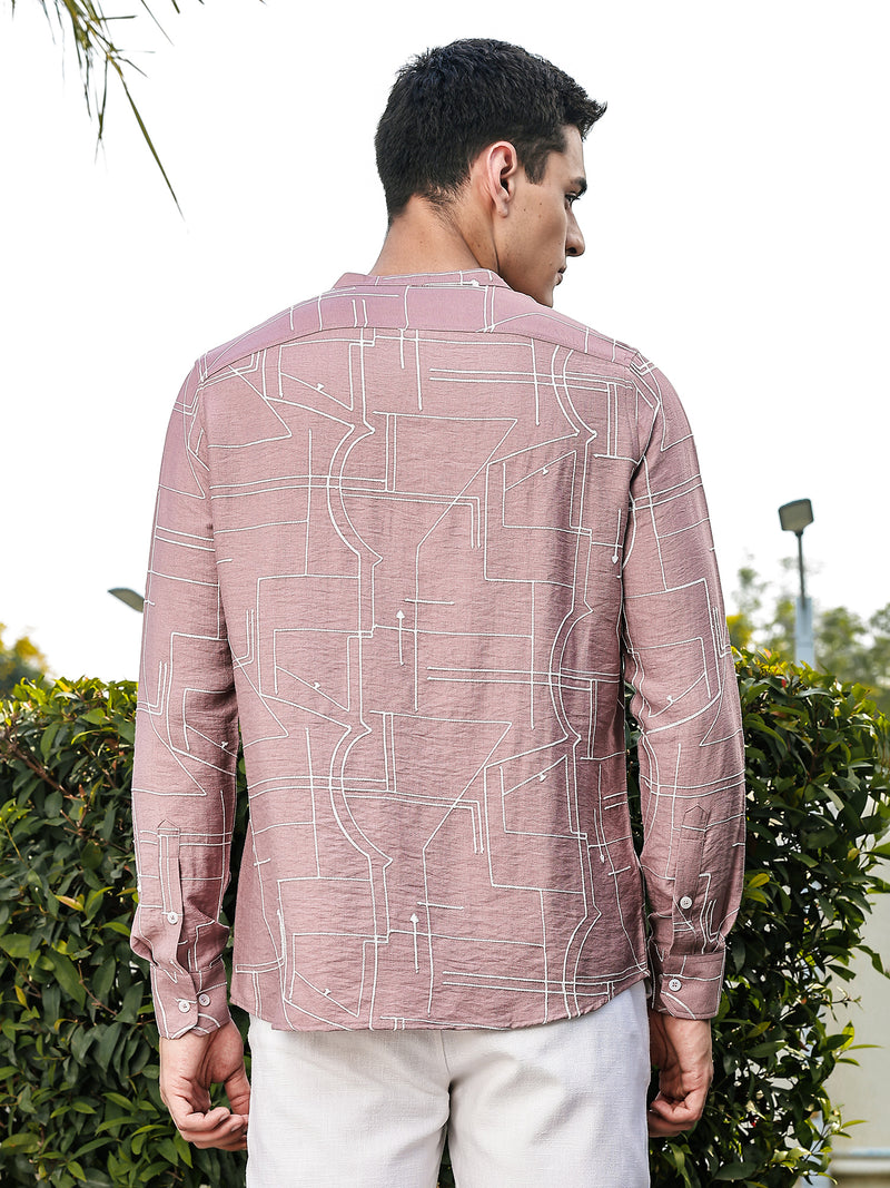 Thomas Scott Men Pink Slim Fit Long Sleeves Mandarin Collar Woven Embroidered Shirt