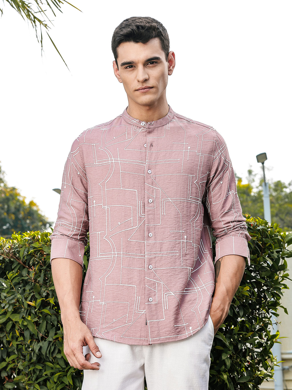 Thomas Scott Men Pink Slim Fit Long Sleeves Mandarin Collar Woven Embroidered Shirt