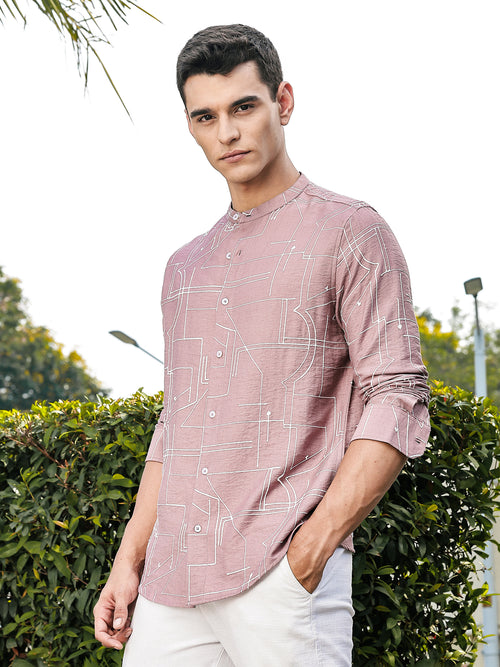 Thomas Scott Men Pink Slim Fit Long Sleeves Mandarin Collar Woven Embroidered Shirt