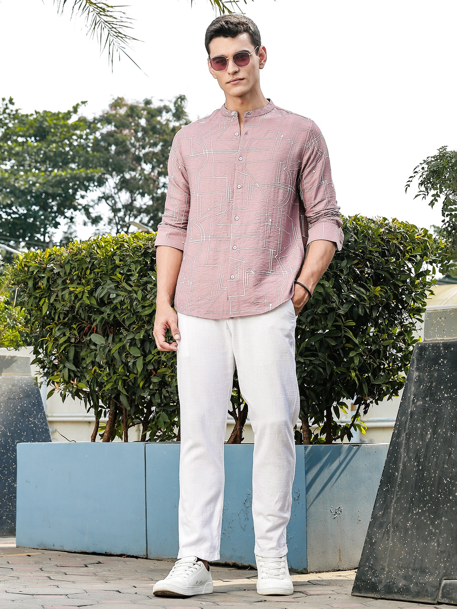 Thomas Scott Men Pink Slim Fit Long Sleeves Mandarin Collar Woven Embroidered Shirt