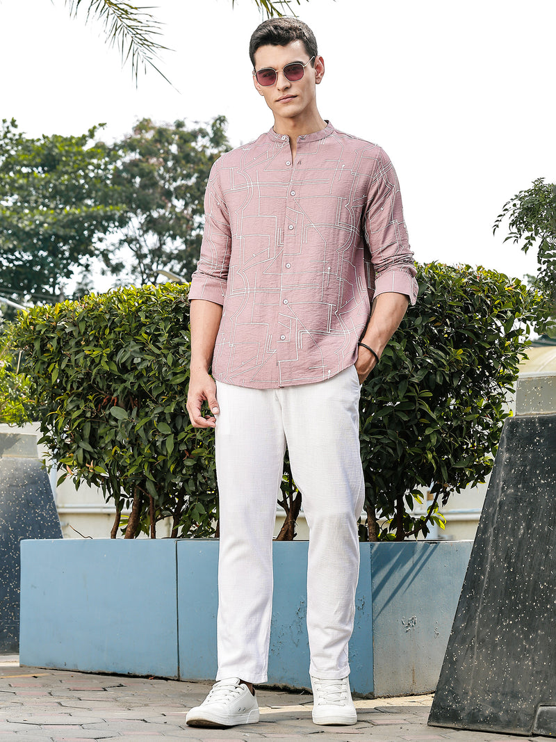 Thomas Scott Men Pink Slim Fit Long Sleeves Mandarin Collar Woven Embroidered Shirt