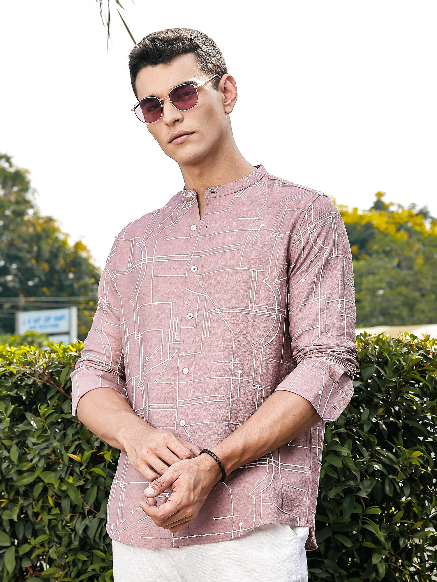 Thomas Scott Men Pink Slim Fit Long Sleeves Mandarin Collar Woven Embroidered Shirt