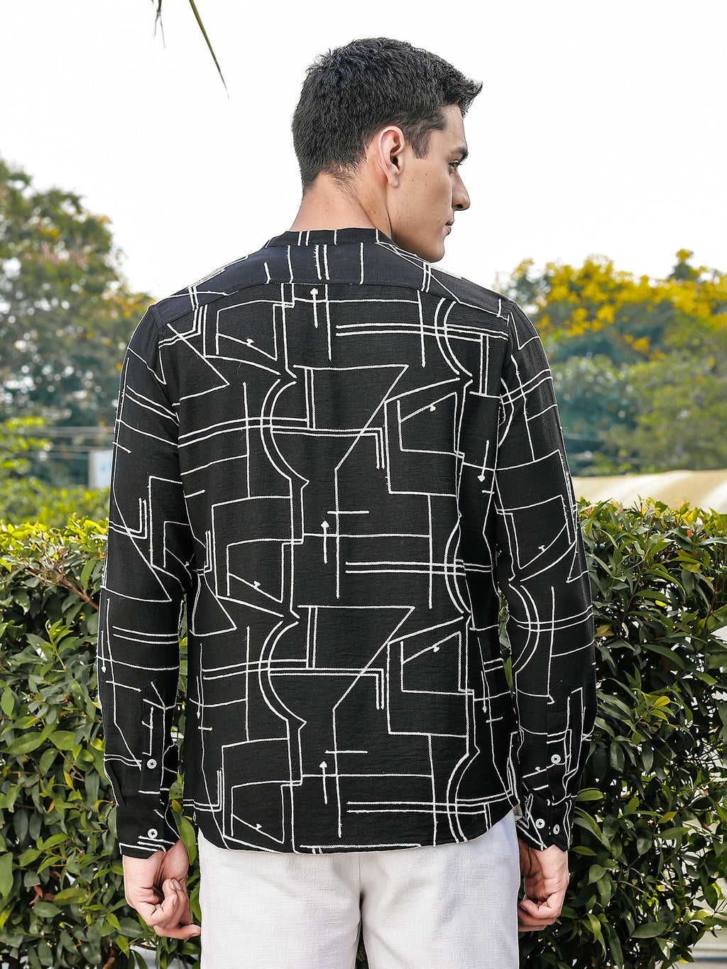 Thomas Scott Men Black Slim Fit Long Sleeves Mandarin Collar Woven Embroidered Shirt