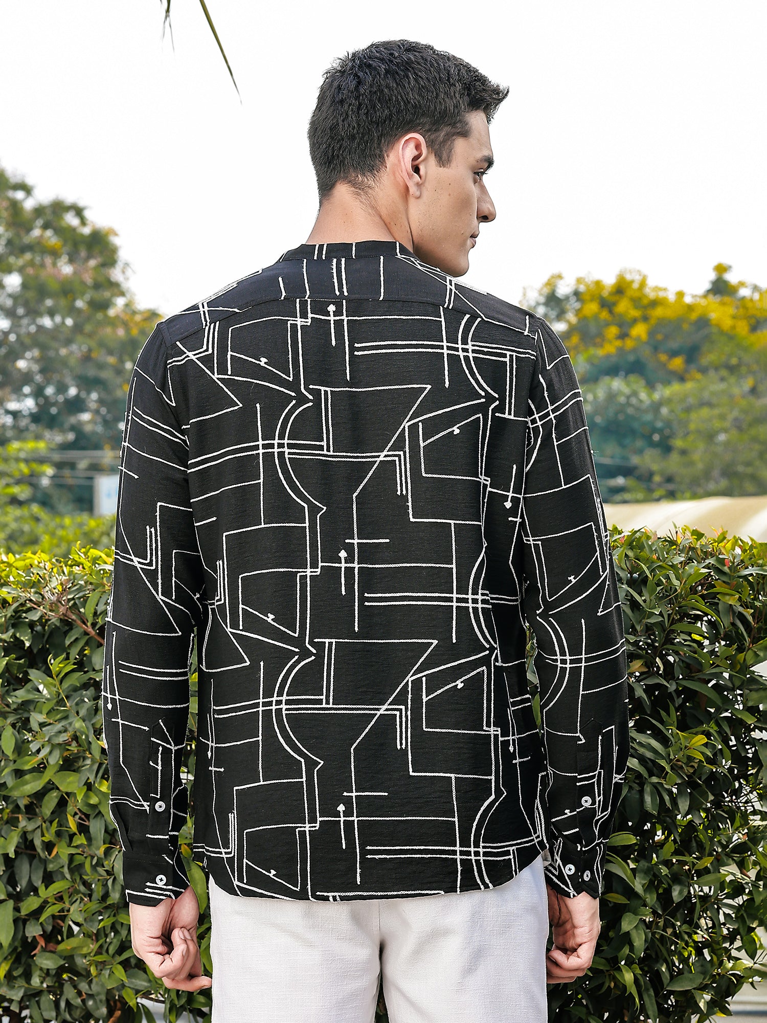 Thomas Scott Men Black Slim Fit Long Sleeves Mandarin Collar Woven Embroidered Shirt