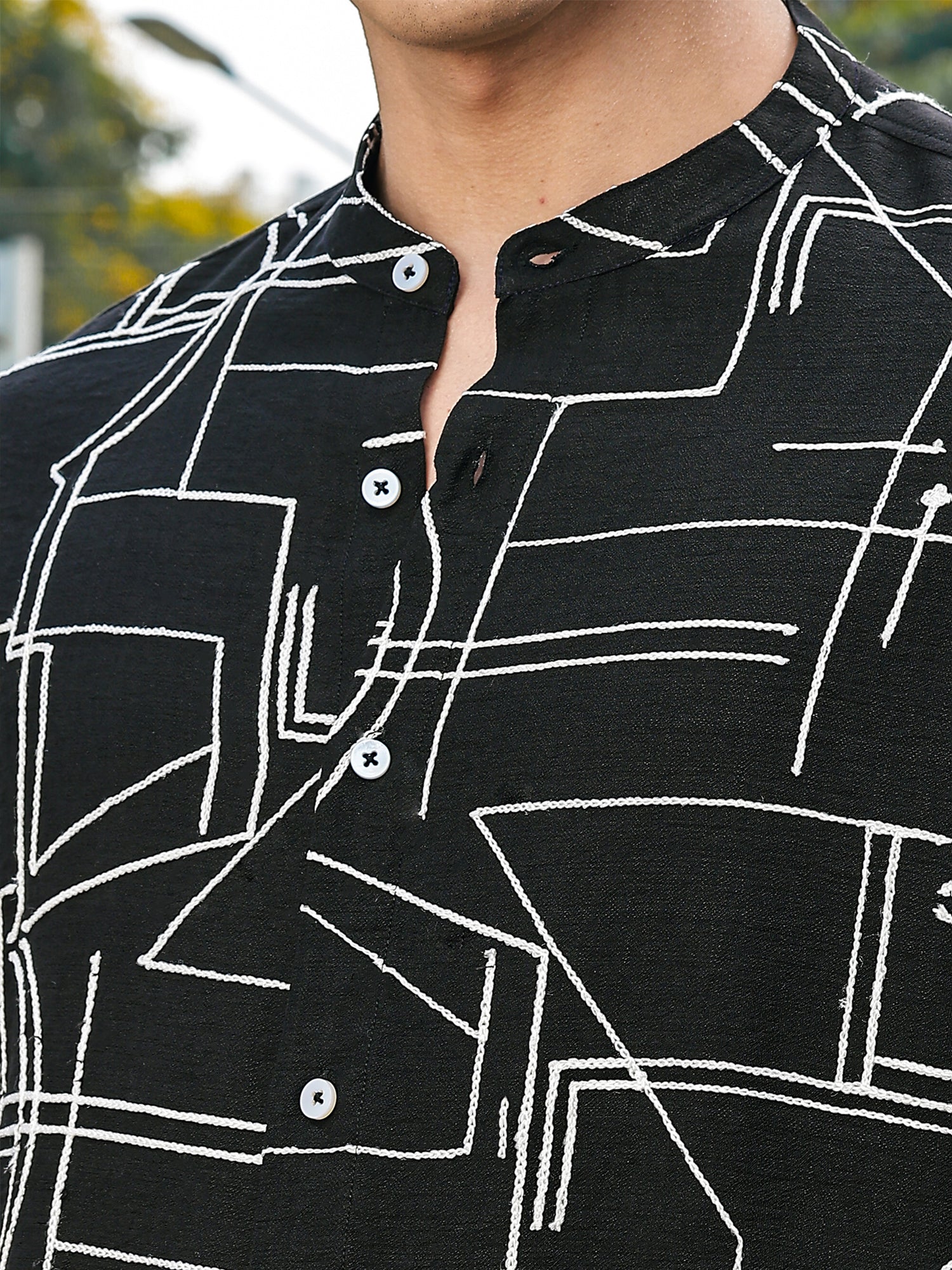 Thomas Scott Men Black Slim Fit Long Sleeves Mandarin Collar Woven Embroidered Shirt