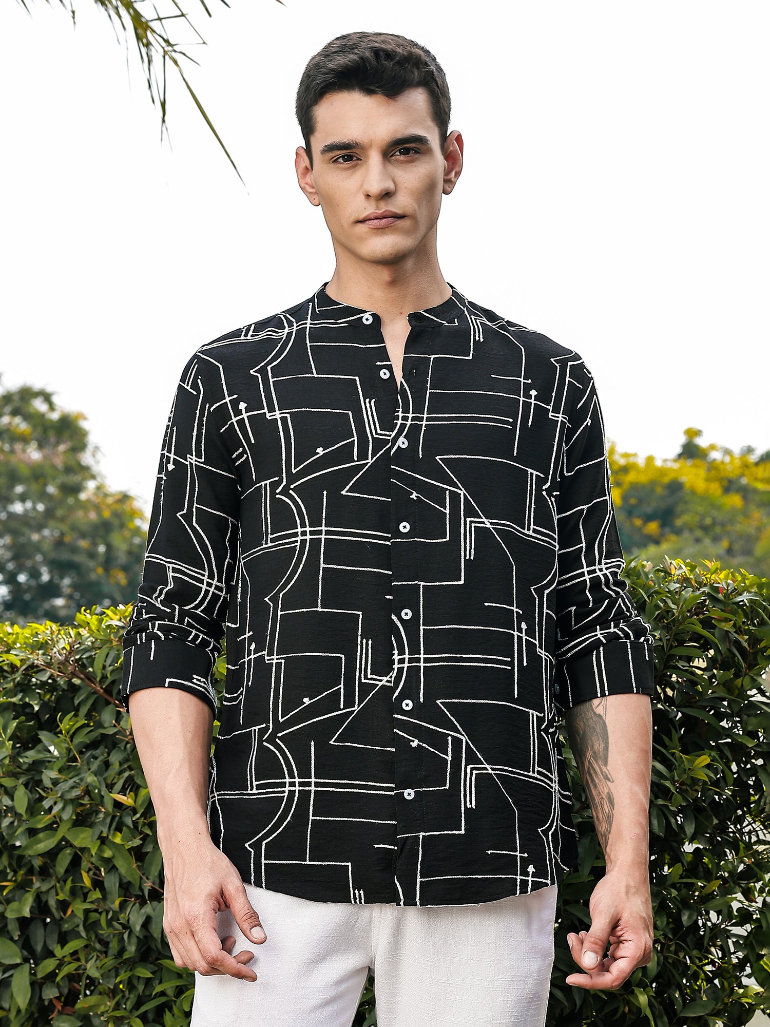 Thomas Scott Men Black Slim Fit Long Sleeves Mandarin Collar Woven Embroidered Shirt