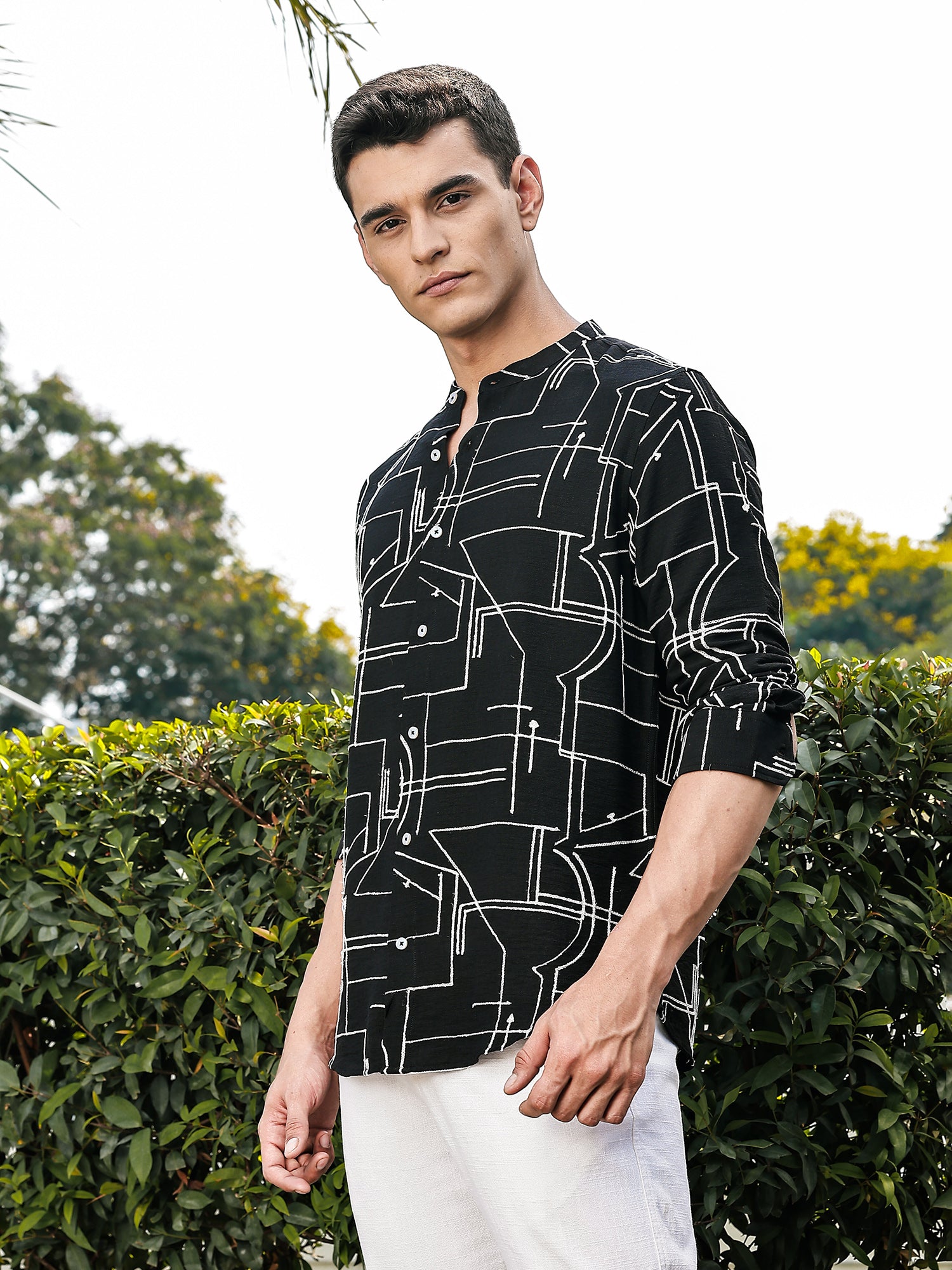 Thomas Scott Men Black Slim Fit Long Sleeves Mandarin Collar Woven Embroidered Shirt