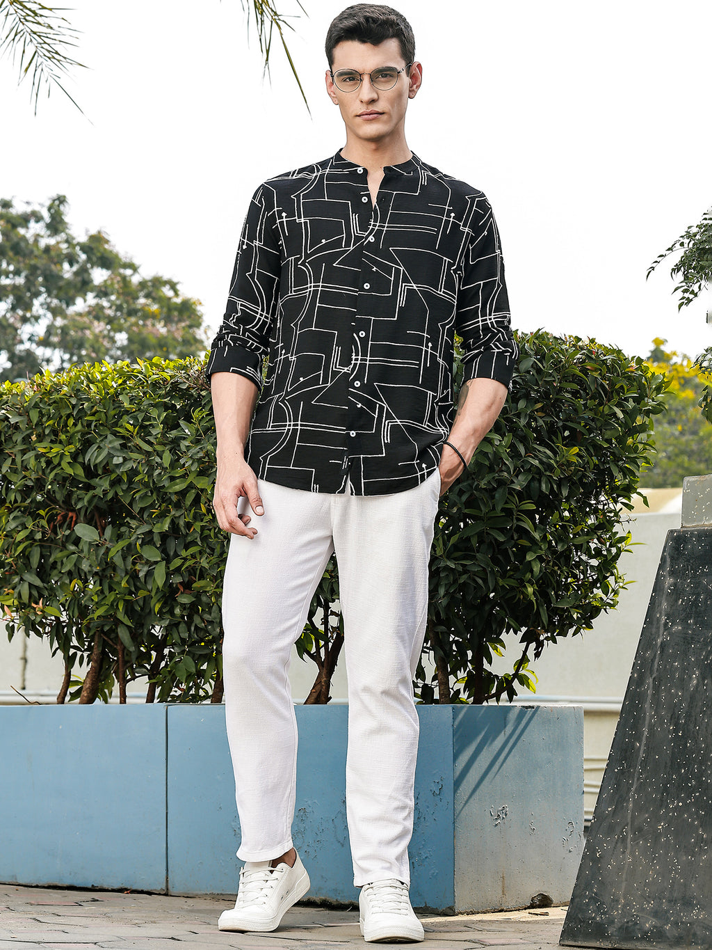 Thomas Scott Men Black Slim Fit Long Sleeves Mandarin Collar Woven Embroidered Shirt