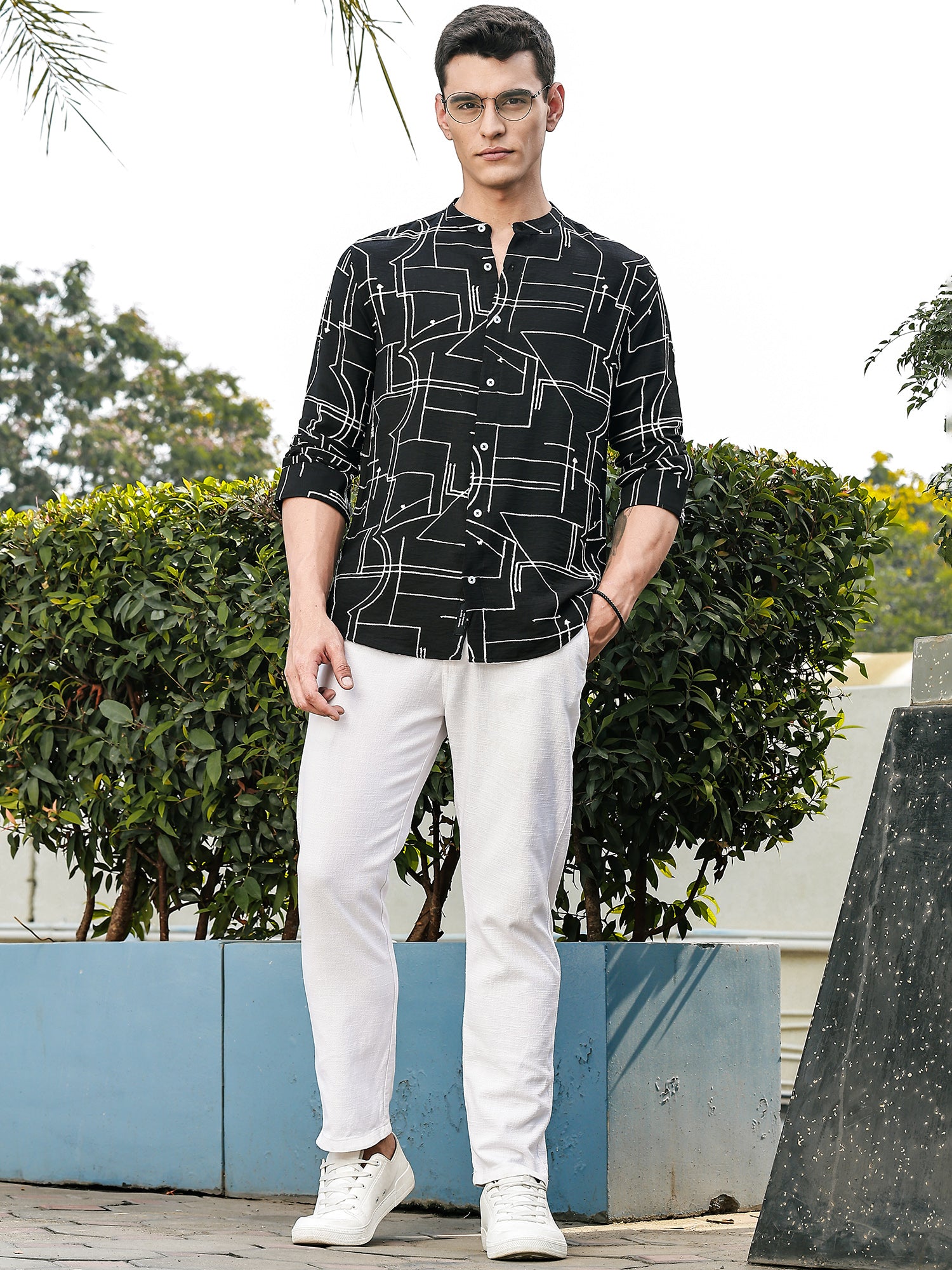 Thomas Scott Men Black Slim Fit Long Sleeves Mandarin Collar Woven Embroidered Shirt