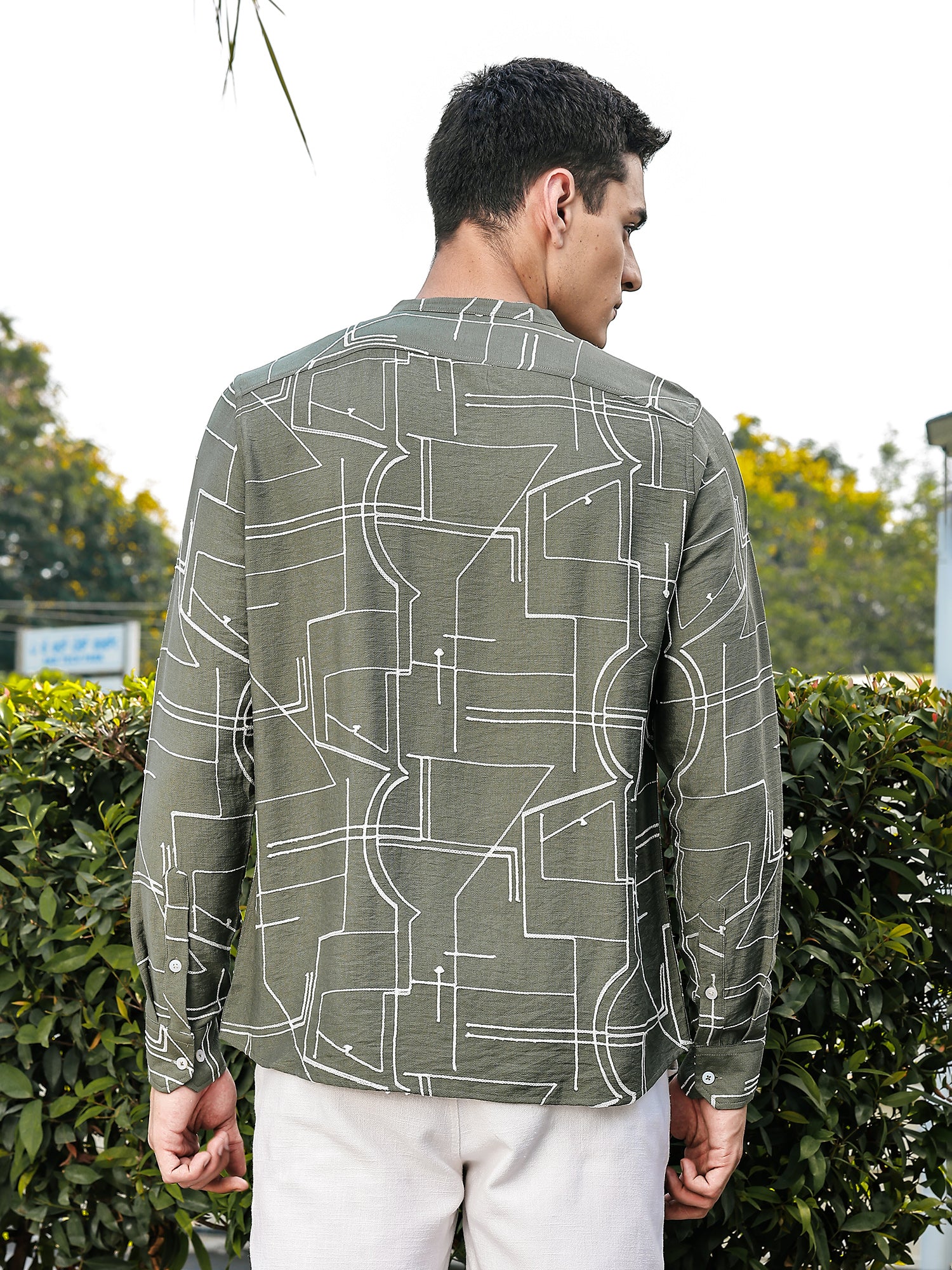 Thomas Scott Men Olive Slim Fit Long Sleeves Mandarin Collar Woven Embroidered Shirt