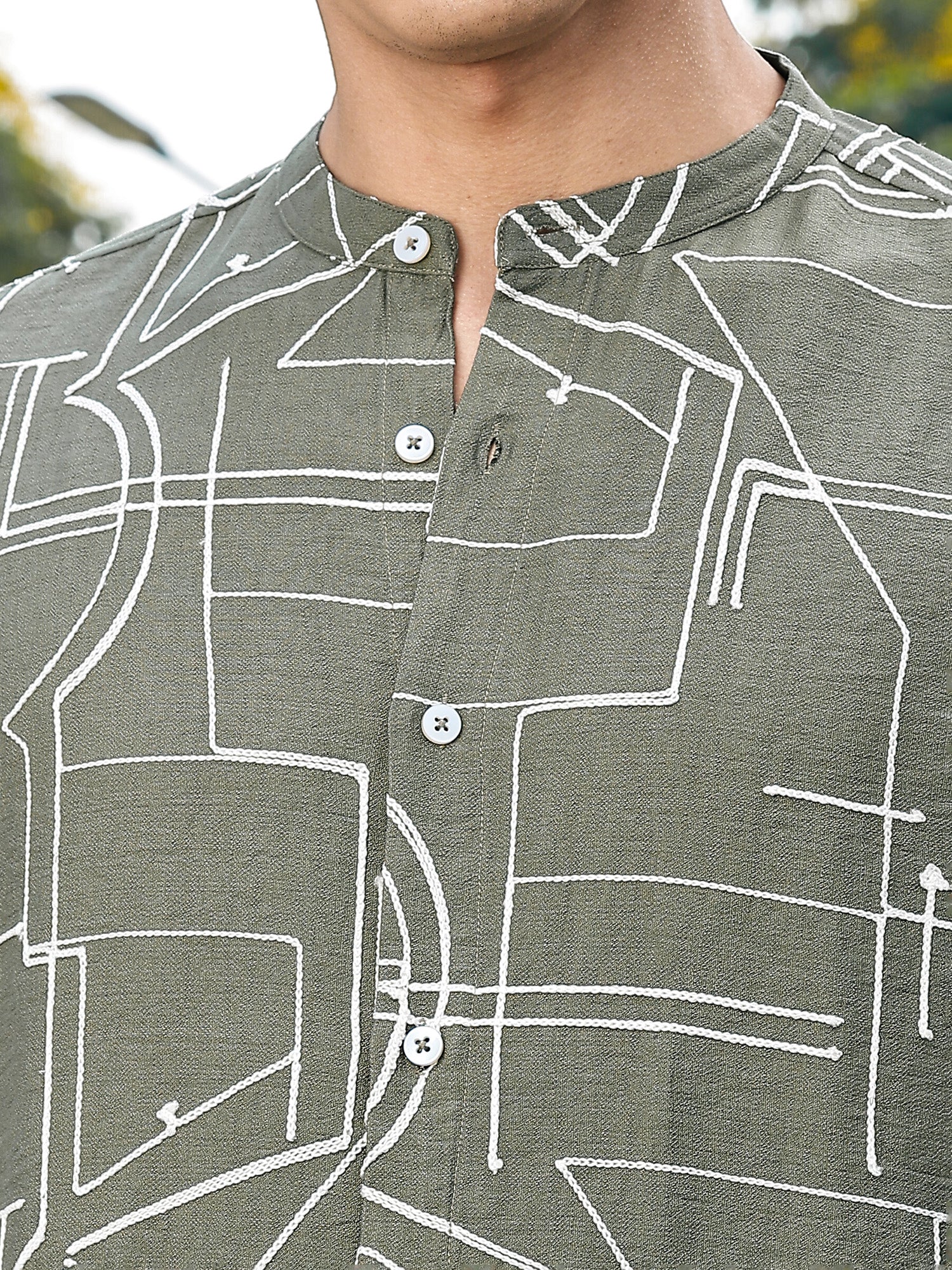 Thomas Scott Men Olive Slim Fit Long Sleeves Mandarin Collar Woven Embroidered Shirt