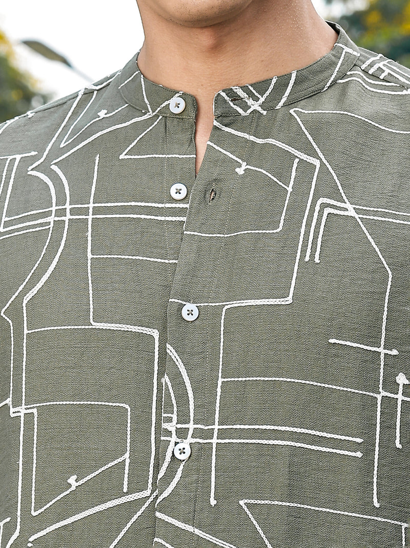 Thomas Scott Men Olive Slim Fit Long Sleeves Mandarin Collar Woven Embroidered Shirt