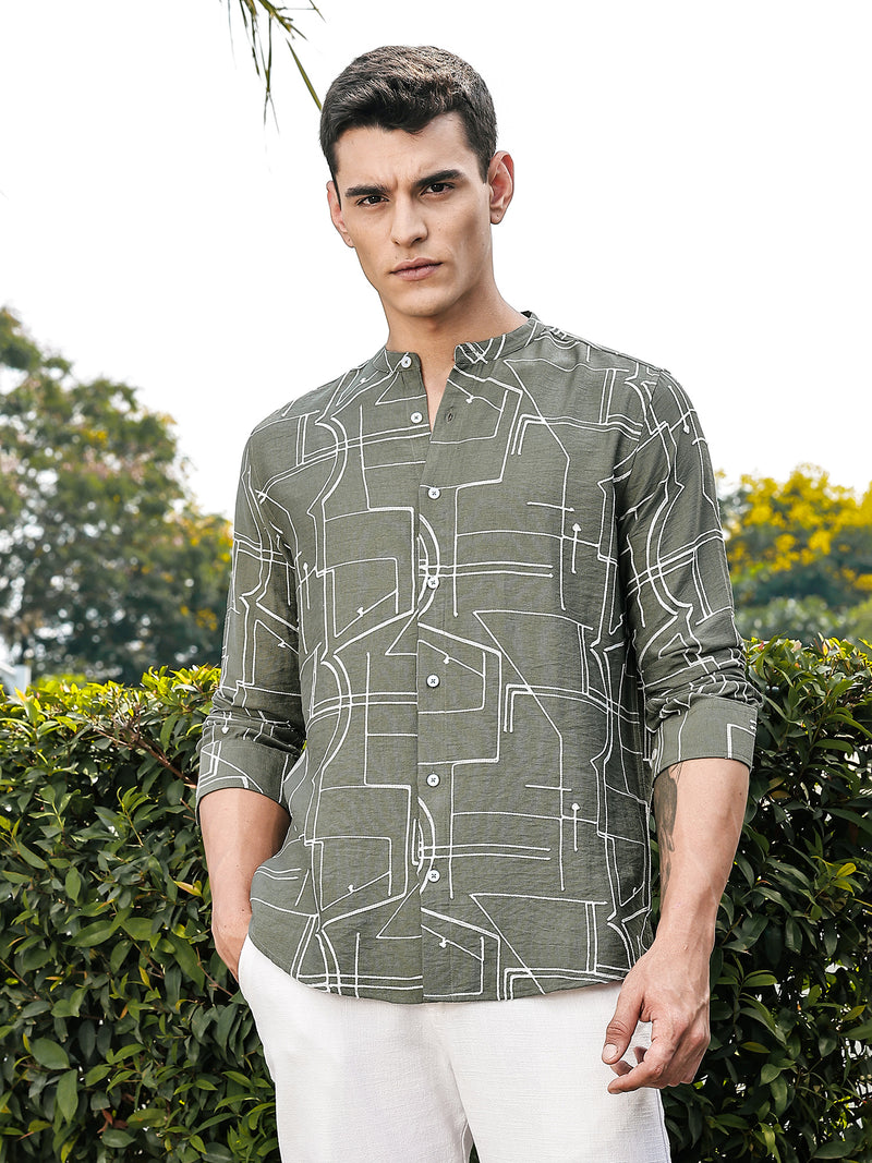 Thomas Scott Men Olive Slim Fit Long Sleeves Mandarin Collar Woven Embroidered Shirt