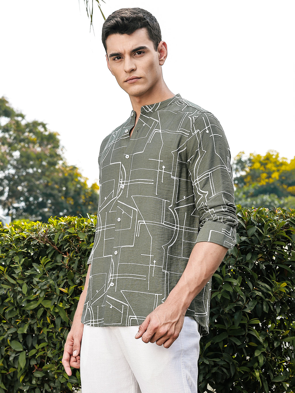 Thomas Scott Men Olive Slim Fit Long Sleeves Mandarin Collar Woven Embroidered Shirt