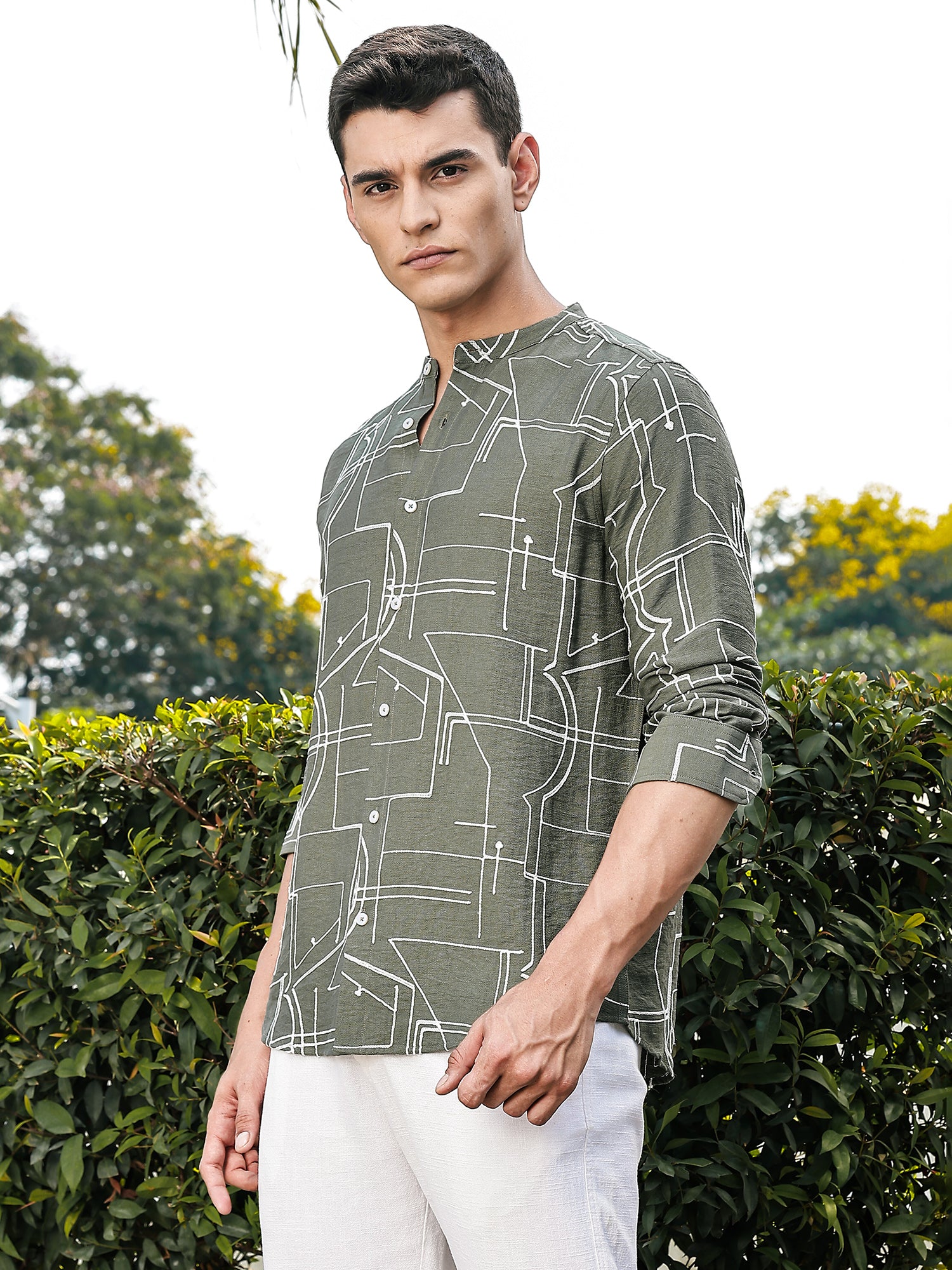 Thomas Scott Men Olive Slim Fit Long Sleeves Mandarin Collar Woven Embroidered Shirt