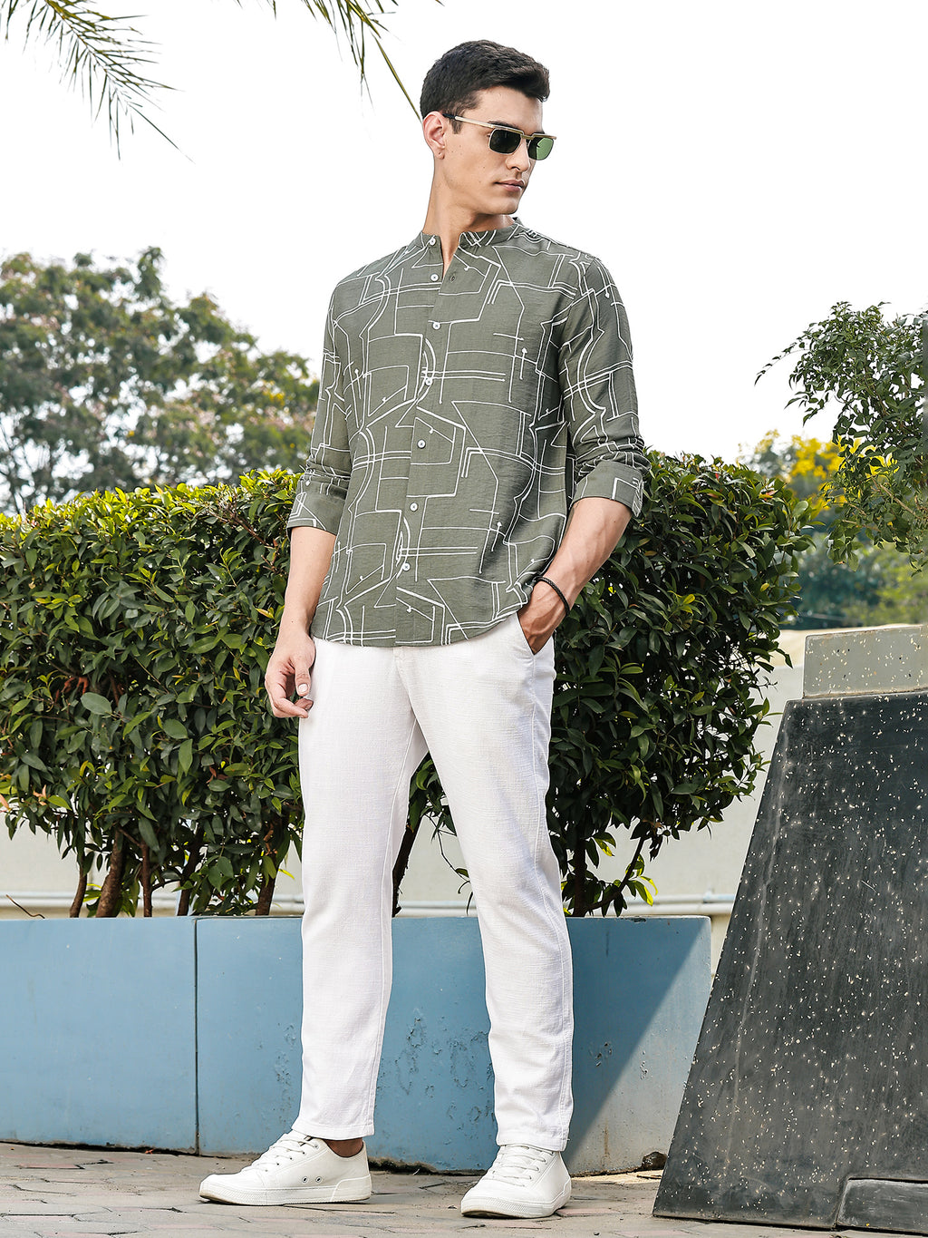 Thomas Scott Men Olive Slim Fit Long Sleeves Mandarin Collar Woven Embroidered Shirt