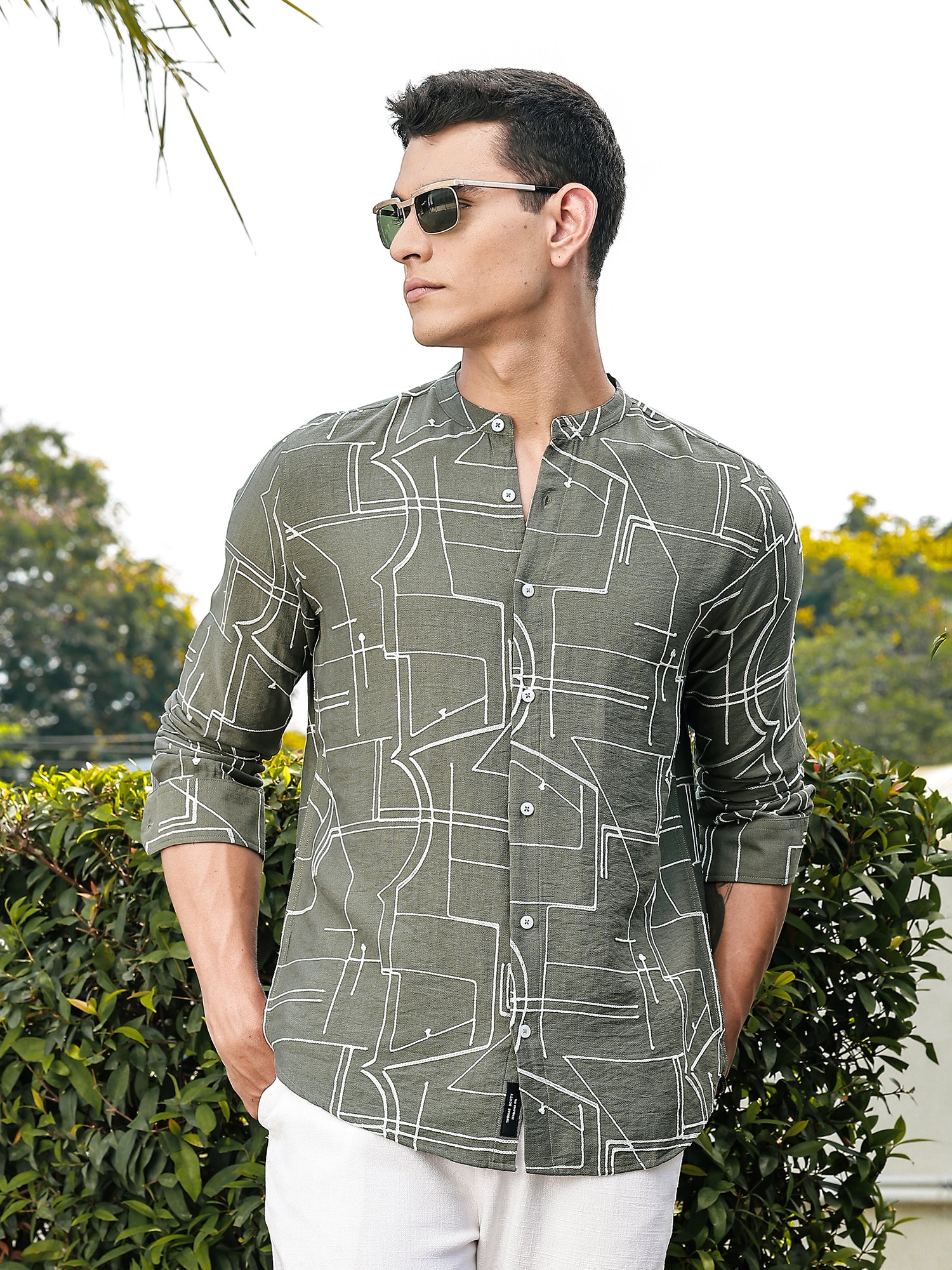 Thomas Scott Men Olive Slim Fit Long Sleeves Mandarin Collar Woven Embroidered Shirt