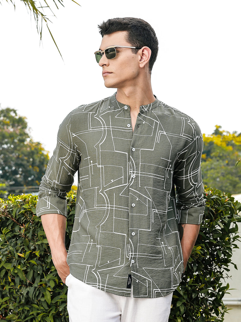 Thomas Scott Men Olive Slim Fit Long Sleeves Mandarin Collar Woven Embroidered Shirt