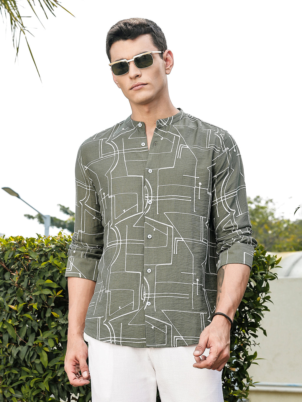 Thomas Scott Men Olive Slim Fit Long Sleeves Mandarin Collar Woven Embroidered Shirt