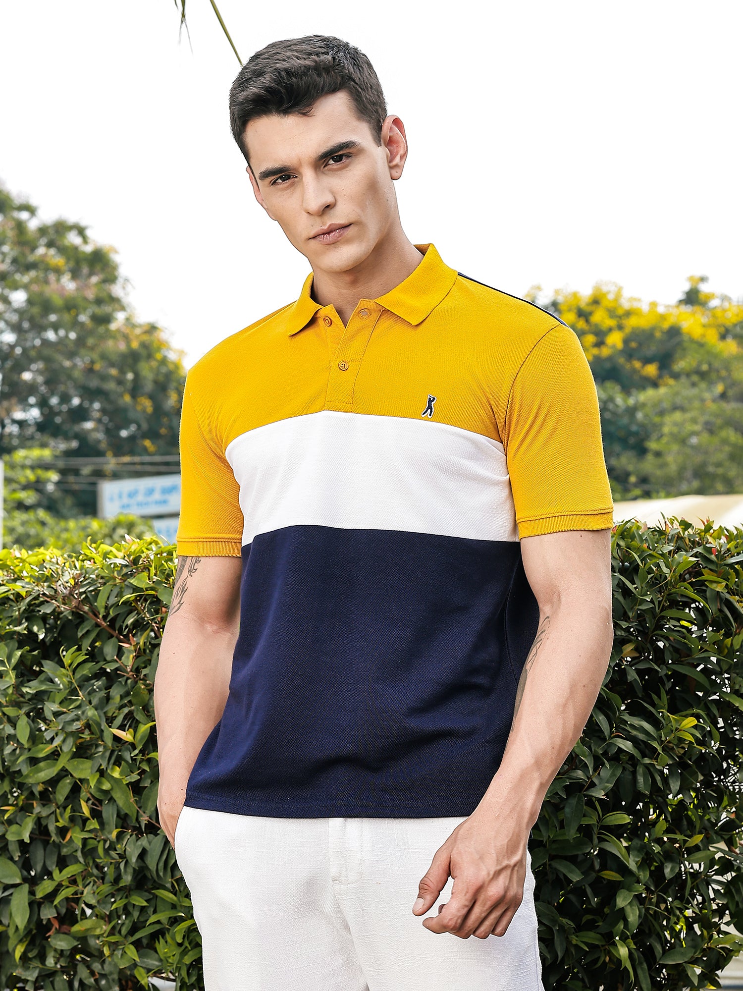 Thomas Scott Men Yellow Regular Fit Short Sleeves Knitted Polo Collar Tshirt