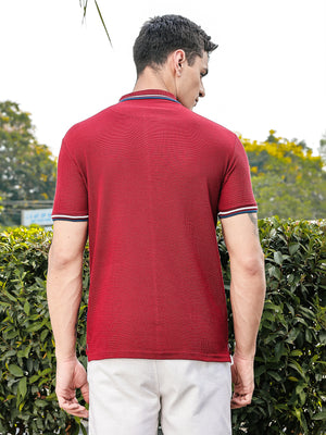 Thomas Scott Men Wine Regular Fit Short Sleeves Waffle Knitted Polo Collar Tshirt