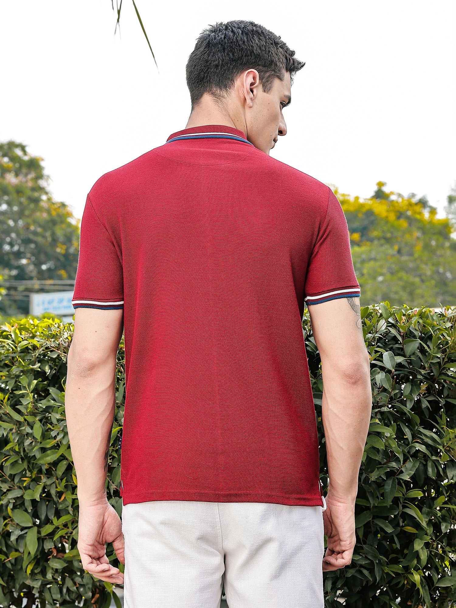 Thomas Scott Men Wine Regular Fit Short Sleeves Waffle Knitted Polo Collar Tshirt