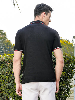 Thomas Scott Men Black Regular Fit Short Sleeves Waffle Knitted Polo Collar Tshirt