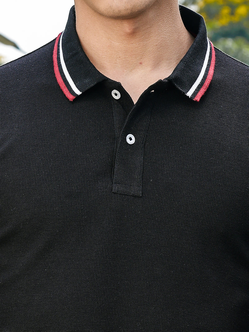 Thomas Scott Men Black Regular Fit Short Sleeves Waffle Knitted Polo Collar Tshirt