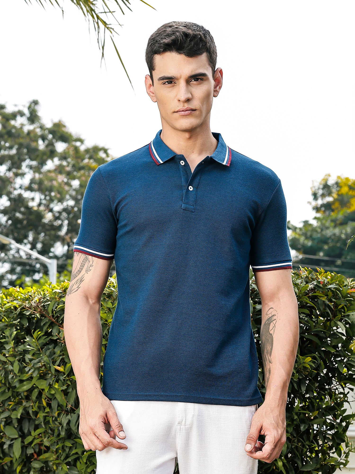 Thomas Scott Men Navy Regular Fit Short Sleeves Waffle Knitted Polo Collar Tshirt