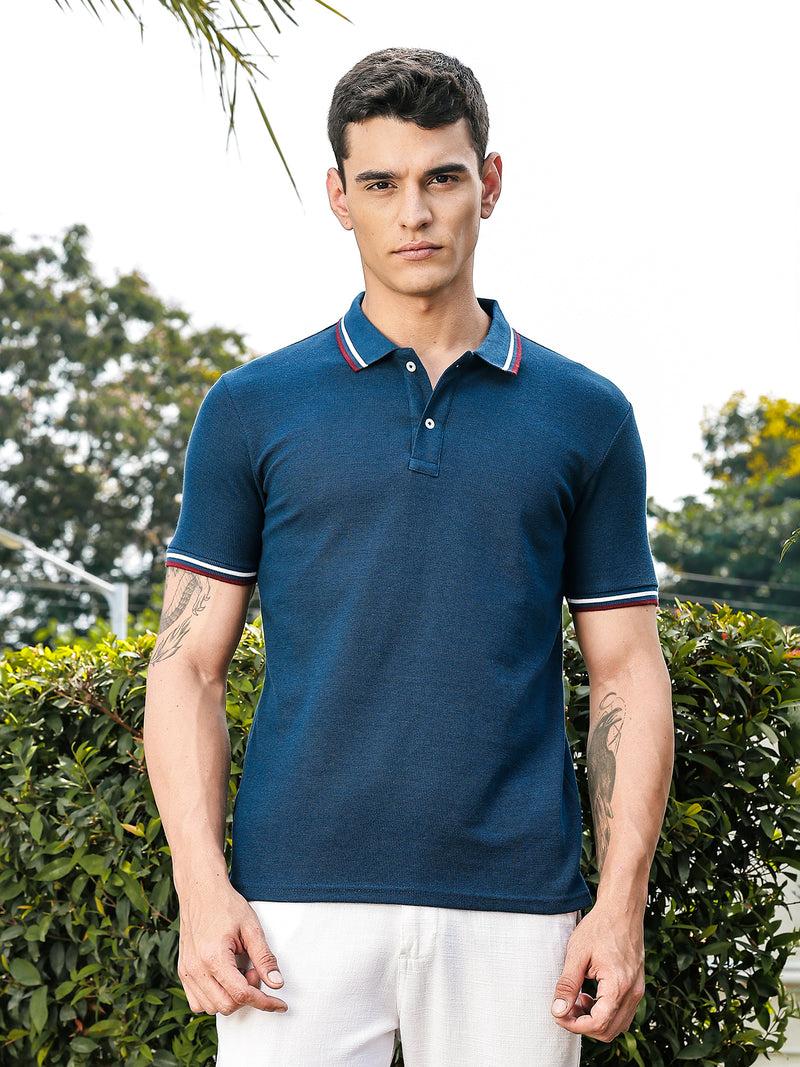 Thomas Scott Men Navy Regular Fit Short Sleeves Waffle Knitted Polo Collar Tshirt