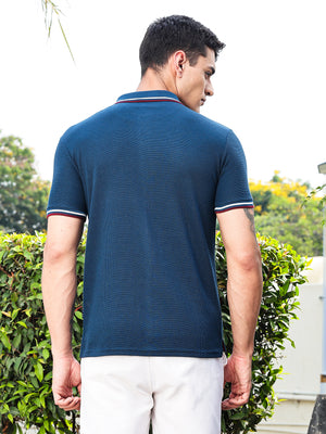 Thomas Scott Men Navy Regular Fit Short Sleeves Waffle Knitted Polo Collar Tshirt