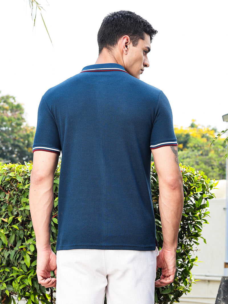 Thomas Scott Men Navy Regular Fit Short Sleeves Waffle Knitted Polo Collar Tshirt