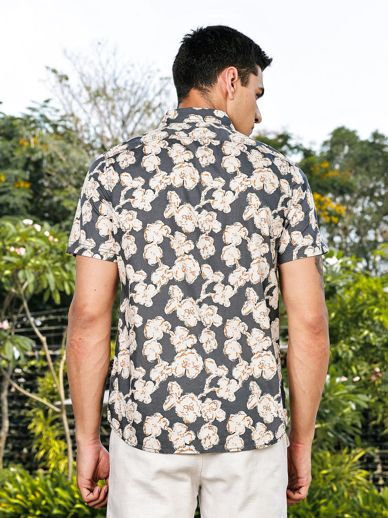 Thomas Scott Men Grey Slim Fit Short Sleeves Floral Printed Woven Casual Shirt