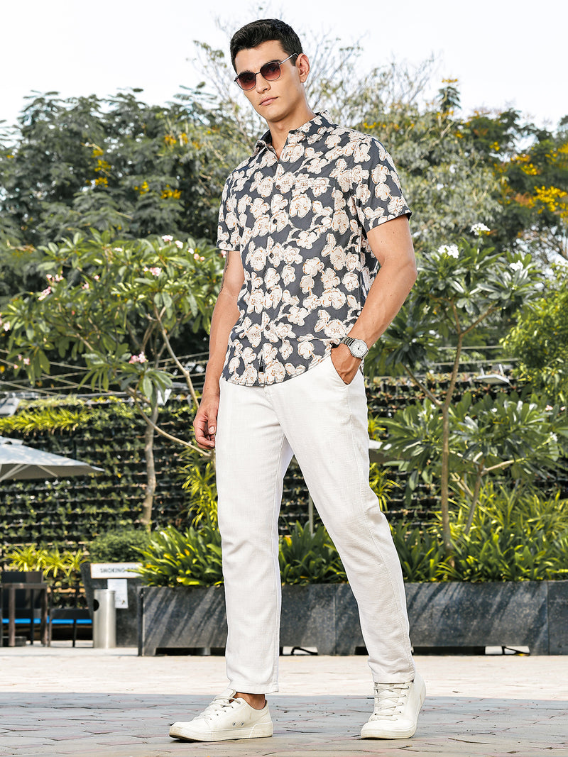 Thomas Scott Men Grey Slim Fit Short Sleeves Floral Printed Woven Casual Shirt