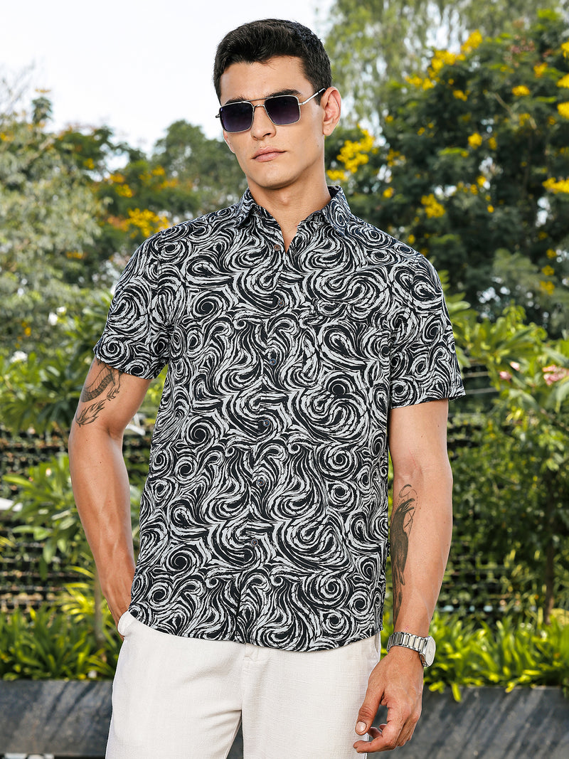 Thomas Scott Men Navy Slim Fit Short Sleeves Abstract Print Woven Casual Shirt