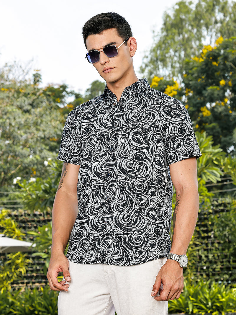 Thomas Scott Men Navy Slim Fit Short Sleeves Abstract Print Woven Casual Shirt