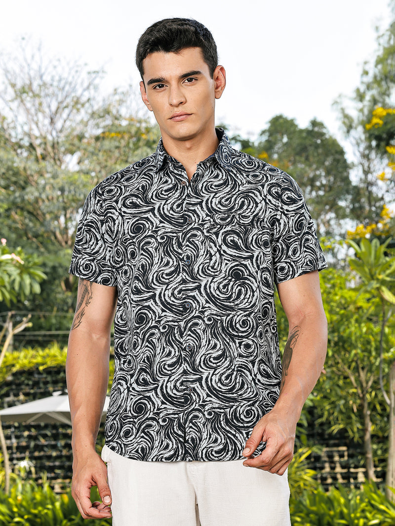 Thomas Scott Men Navy Slim Fit Short Sleeves Abstract Print Woven Casual Shirt