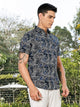 Navy Slim Fit Short Sleeves Spread Collar Graphic Print Woven Casual Shirt For Men