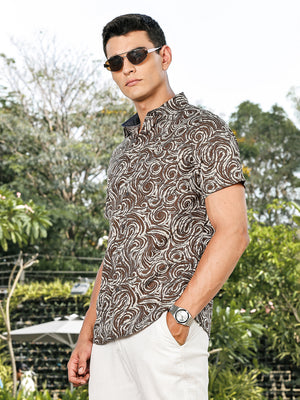 Thomas Scott Men Green Slim Fit Short Sleeves Abstract Print Woven Casual Shirt