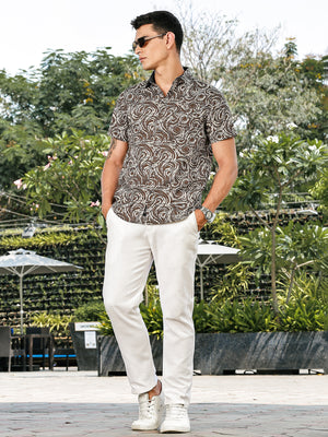 Thomas Scott Men Green Slim Fit Short Sleeves Abstract Print Woven Casual Shirt