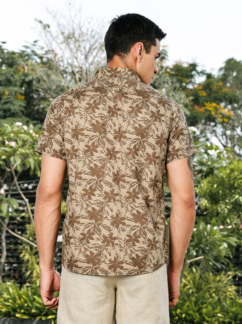 Thomas Scott Men Olive Slim Fit Short Sleeves Spread Collar Floral Print Woven Casual Shirt
