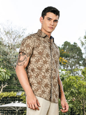 Thomas Scott Men Olive Slim Fit Short Sleeves Spread Collar Floral Print Woven Casual Shirt