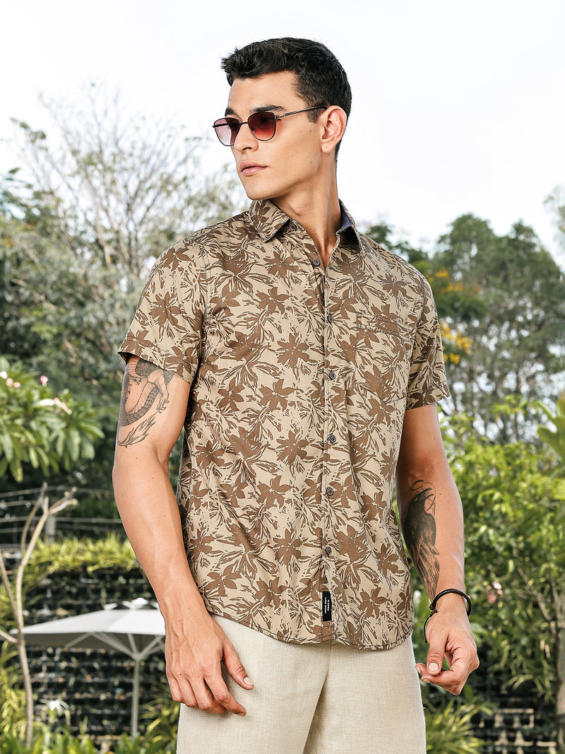 Thomas Scott Men Olive Slim Fit Short Sleeves Spread Collar Floral Print Woven Casual Shirt