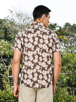 Thomas Scott Men Brown Slim Fit Short Sleeves Floral Printed Woven Casual Shirt