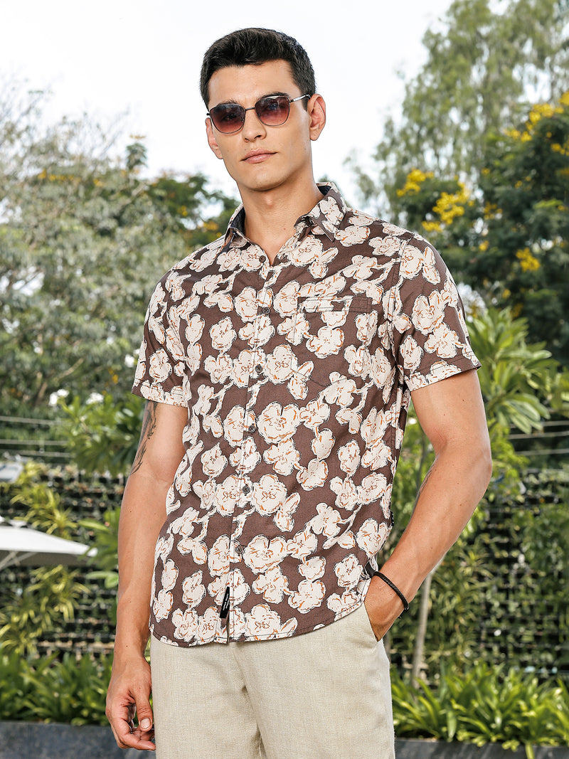 Thomas Scott Men Brown Slim Fit Short Sleeves Floral Printed Woven Casual Shirt