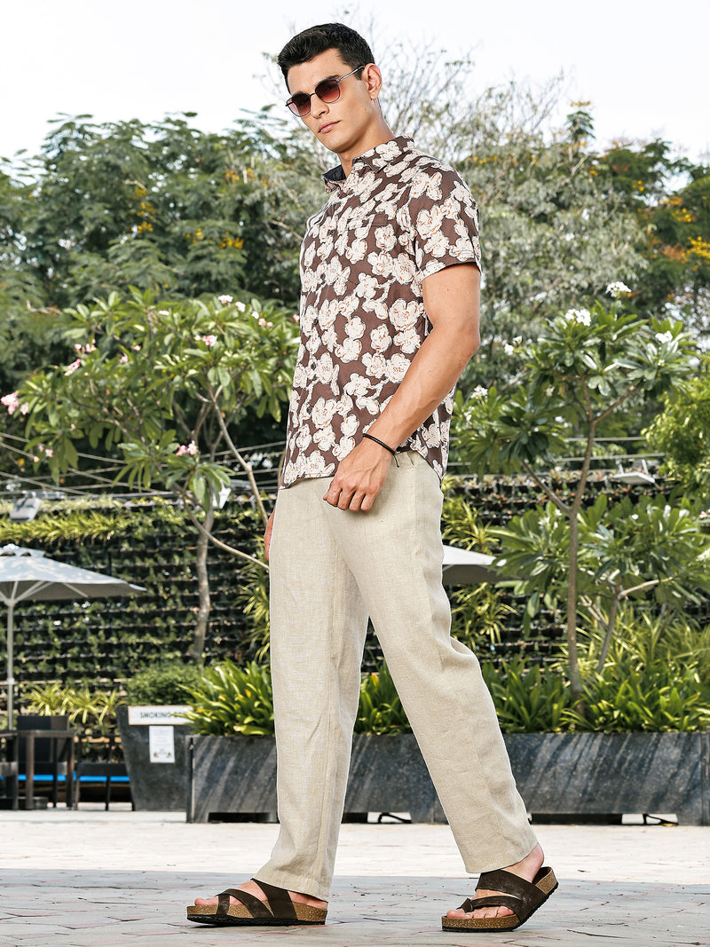 Thomas Scott Men Brown Slim Fit Short Sleeves Floral Printed Woven Casual Shirt