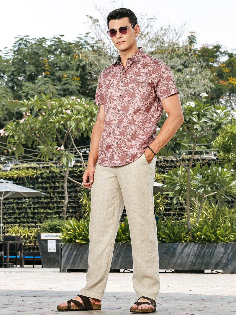 Thomas Scott Men Pink Slim Fit Short Sleeves Spread Collar Floral Print Woven Casual Shirt