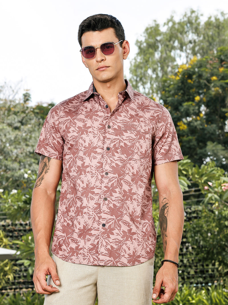 Thomas Scott Men Pink Slim Fit Short Sleeves Spread Collar Floral Print Woven Casual Shirt